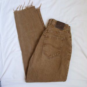 Vintage High Rise Lee Riveted Sandy Tan Ankle Length Jeans with Raw Hem